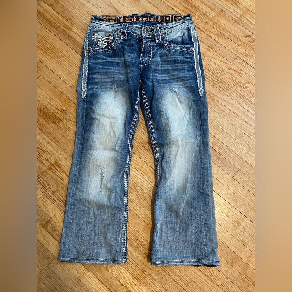 Rock Revival Women 30 Short Themis B Bootcut Blue Denim Jeans Style E6536BR
